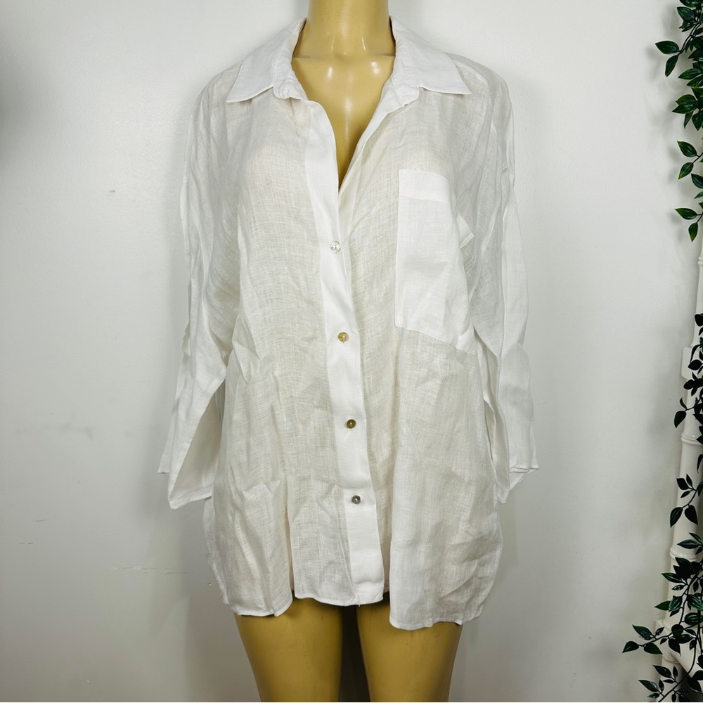 Zara Loose Linen Blouse Sz M Oversized White Coverup 3/4 Sleeves Tunic Shirt Top